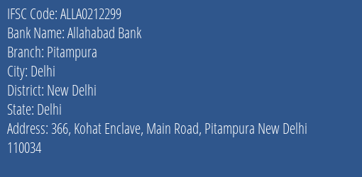 Allahabad Bank Pitampura Branch New Delhi IFSC Code ALLA0212299