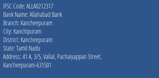 Allahabad Bank Kancheepuram Branch, Branch Code 212317 & IFSC Code ALLA0212317