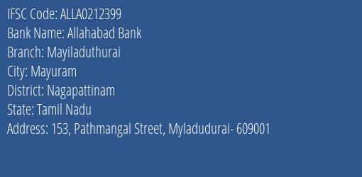 Allahabad Bank Mayiladuthurai Branch, Branch Code 212399 & IFSC Code ALLA0212399