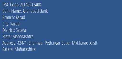 Allahabad Bank Karad Branch, Branch Code 212408 & IFSC Code ALLA0212408