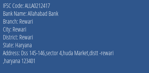 Allahabad Bank Rewari Branch Rewari IFSC Code ALLA0212417