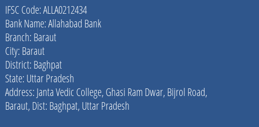Allahabad Bank Baraut Branch Baghpat IFSC Code ALLA0212434