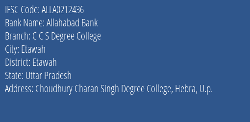 Allahabad Bank C C S Degree College Branch Etawah IFSC Code ALLA0212436