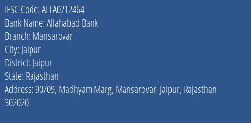 Allahabad Bank Mansarovar Branch Jaipur IFSC Code ALLA0212464