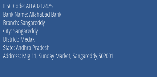 Allahabad Bank Sangareddy Branch Medak IFSC Code ALLA0212475