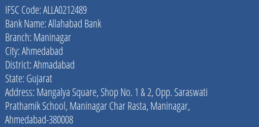 Allahabad Bank Maninagar Branch Ahmadabad IFSC Code ALLA0212489