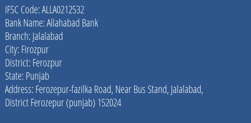 Allahabad Bank Jalalabad Branch Ferozpur IFSC Code ALLA0212532