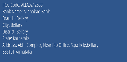 Allahabad Bank Bellary Branch Bellary IFSC Code ALLA0212533