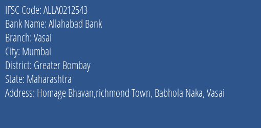 Allahabad Bank Vasai Branch Greater Bombay IFSC Code ALLA0212543
