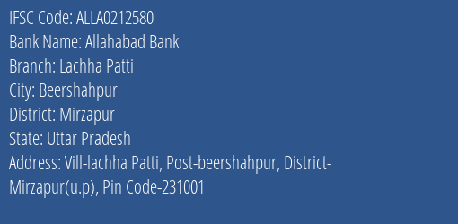 Allahabad Bank Lachha Patti Branch Mirzapur IFSC Code ALLA0212580