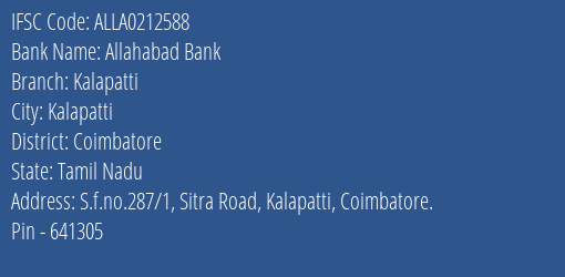 Allahabad Bank Kalapatti Branch Coimbatore IFSC Code ALLA0212588