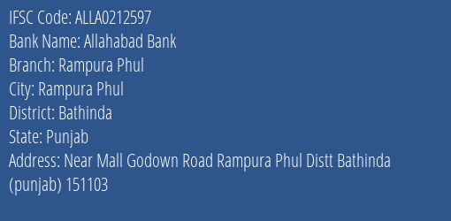 Allahabad Bank Rampura Phul Branch, Branch Code 212597 & IFSC Code ALLA0212597