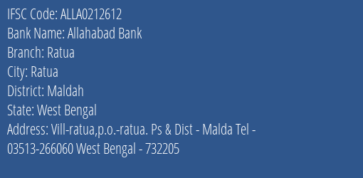 Allahabad Bank Ratua Branch Maldah IFSC Code ALLA0212612