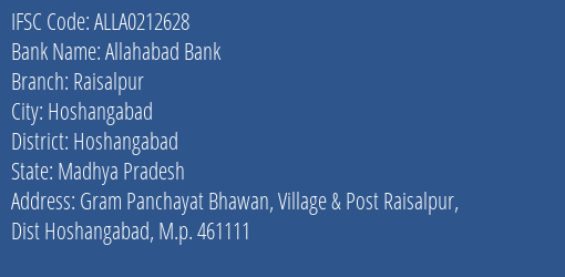 Allahabad Bank Raisalpur Branch Hoshangabad IFSC Code ALLA0212628