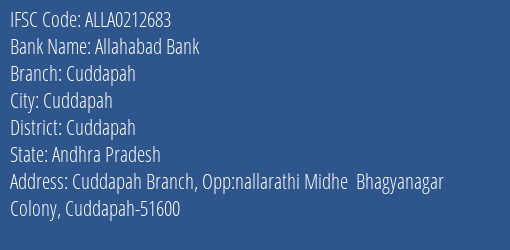 Allahabad Bank Cuddapah Branch, Branch Code 212683 & IFSC Code ALLA0212683