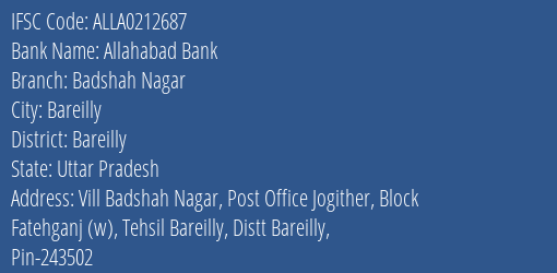 Allahabad Bank Badshah Nagar Branch Bareilly IFSC Code ALLA0212687