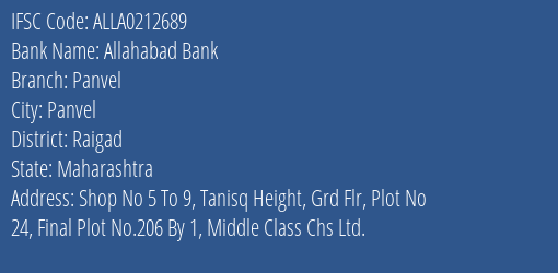Allahabad Bank Panvel Branch, Branch Code 212689 & IFSC Code ALLA0212689