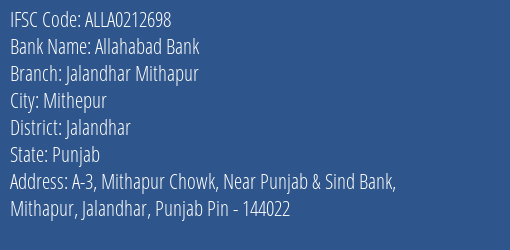 Allahabad Bank Jalandhar Mithapur Branch Jalandhar IFSC Code ALLA0212698