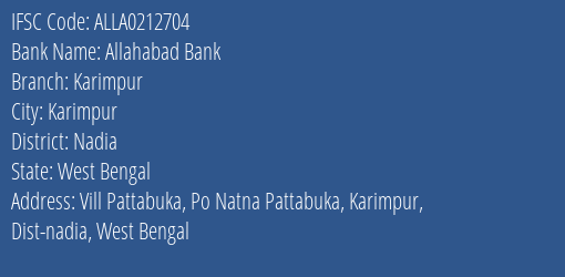 Allahabad Bank Karimpur Branch Nadia IFSC Code ALLA0212704