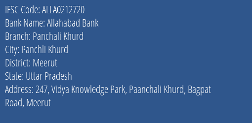 Allahabad Bank Panchali Khurd Branch Meerut IFSC Code ALLA0212720