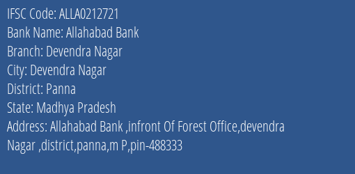 Allahabad Bank Devendra Nagar Branch Panna IFSC Code ALLA0212721