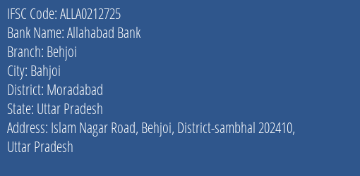Allahabad Bank Behjoi Branch Moradabad IFSC Code ALLA0212725