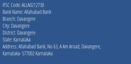 Allahabad Bank Davangere Branch, Branch Code 212730 & IFSC Code ALLA0212730