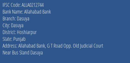 Allahabad Bank Dasuya Branch, Branch Code 212744 & IFSC Code ALLA0212744