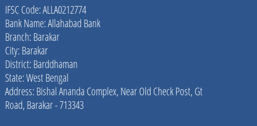 Allahabad Bank Barakar Branch Barddhaman IFSC Code ALLA0212774