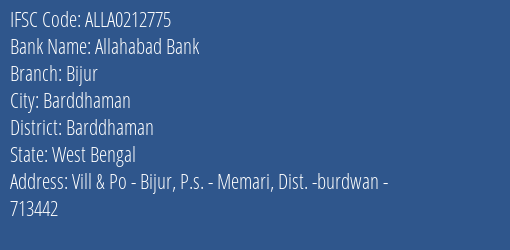 Allahabad Bank Bijur Branch Barddhaman IFSC Code ALLA0212775