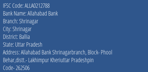 Allahabad Bank Shrinagar Branch Ballia IFSC Code ALLA0212788
