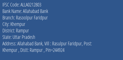 Allahabad Bank Rasoolpur Faridpur Branch Rampur IFSC Code ALLA0212803