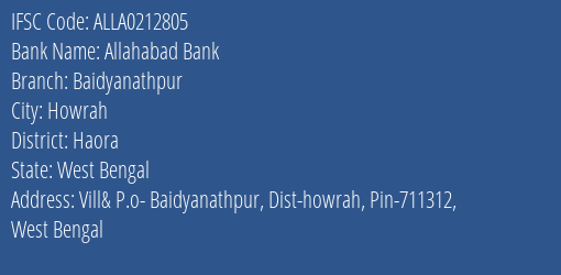 Allahabad Bank Baidyanathpur Branch Haora IFSC Code ALLA0212805