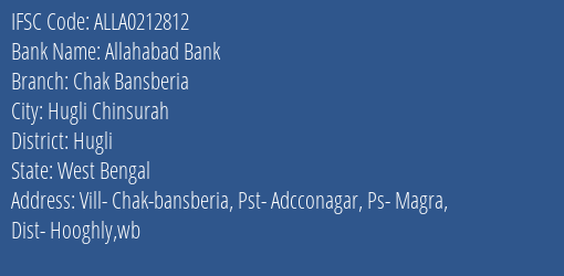 Allahabad Bank Chak Bansberia Branch Hugli IFSC Code ALLA0212812