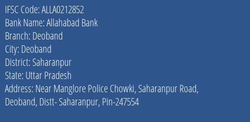 Allahabad Bank Deoband Branch Saharanpur IFSC Code ALLA0212852