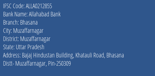 Allahabad Bank Bhasana Branch Muzaffarnagar IFSC Code ALLA0212855