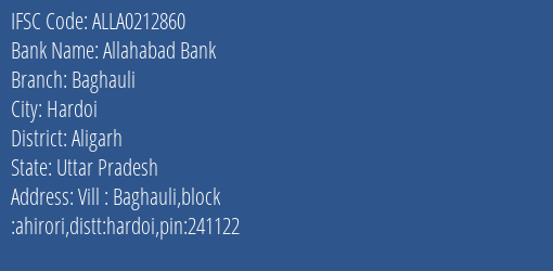 Allahabad Bank Baghauli Branch Aligarh IFSC Code ALLA0212860