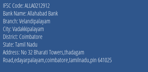 Allahabad Bank Velandipalayam Branch Coimbatore IFSC Code ALLA0212912