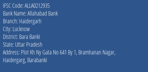 Allahabad Bank Haidergarh Branch Bara Banki IFSC Code ALLA0212935