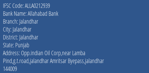 Allahabad Bank Jalandhar Branch Jalandhar IFSC Code ALLA0212939