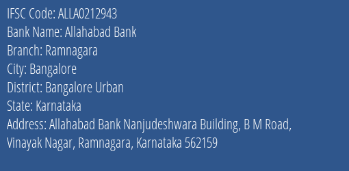 Allahabad Bank Ramnagara Branch Bangalore Urban IFSC Code ALLA0212943