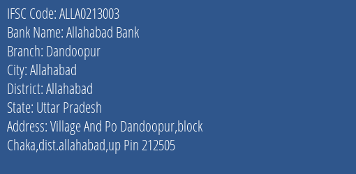 Allahabad Bank Dandoopur Branch Allahabad IFSC Code ALLA0213003