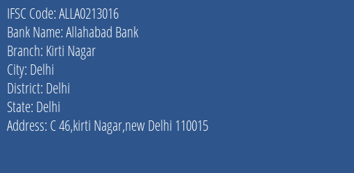 Allahabad Bank Kirti Nagar Branch Delhi IFSC Code ALLA0213016