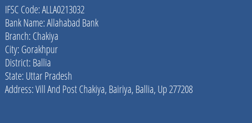 Allahabad Bank Chakiya Branch Ballia IFSC Code ALLA0213032
