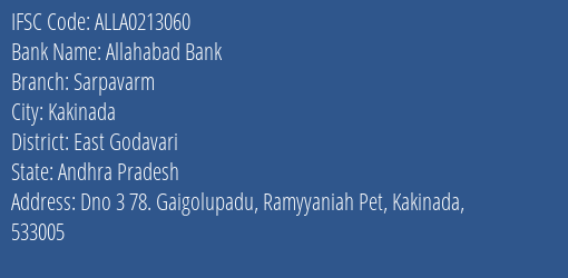 Allahabad Bank Sarpavarm Branch East Godavari IFSC Code ALLA0213060