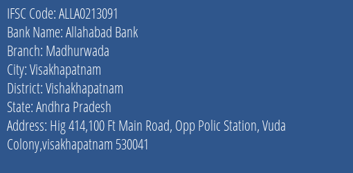 Allahabad Bank Madhurwada Branch Vishakhapatnam IFSC Code ALLA0213091