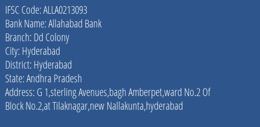 Allahabad Bank Dd Colony Branch Hyderabad IFSC Code ALLA0213093