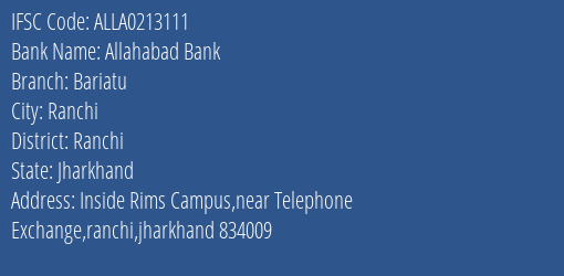 Allahabad Bank Bariatu Branch Ranchi IFSC Code ALLA0213111