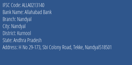 Allahabad Bank Nandyal Branch Kurnool IFSC Code ALLA0213140