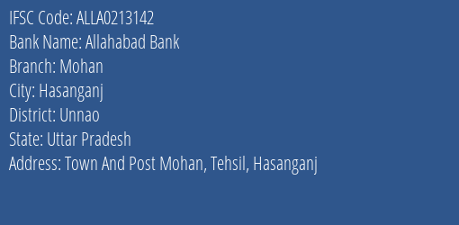 Allahabad Bank Mohan Branch Unnao IFSC Code ALLA0213142
